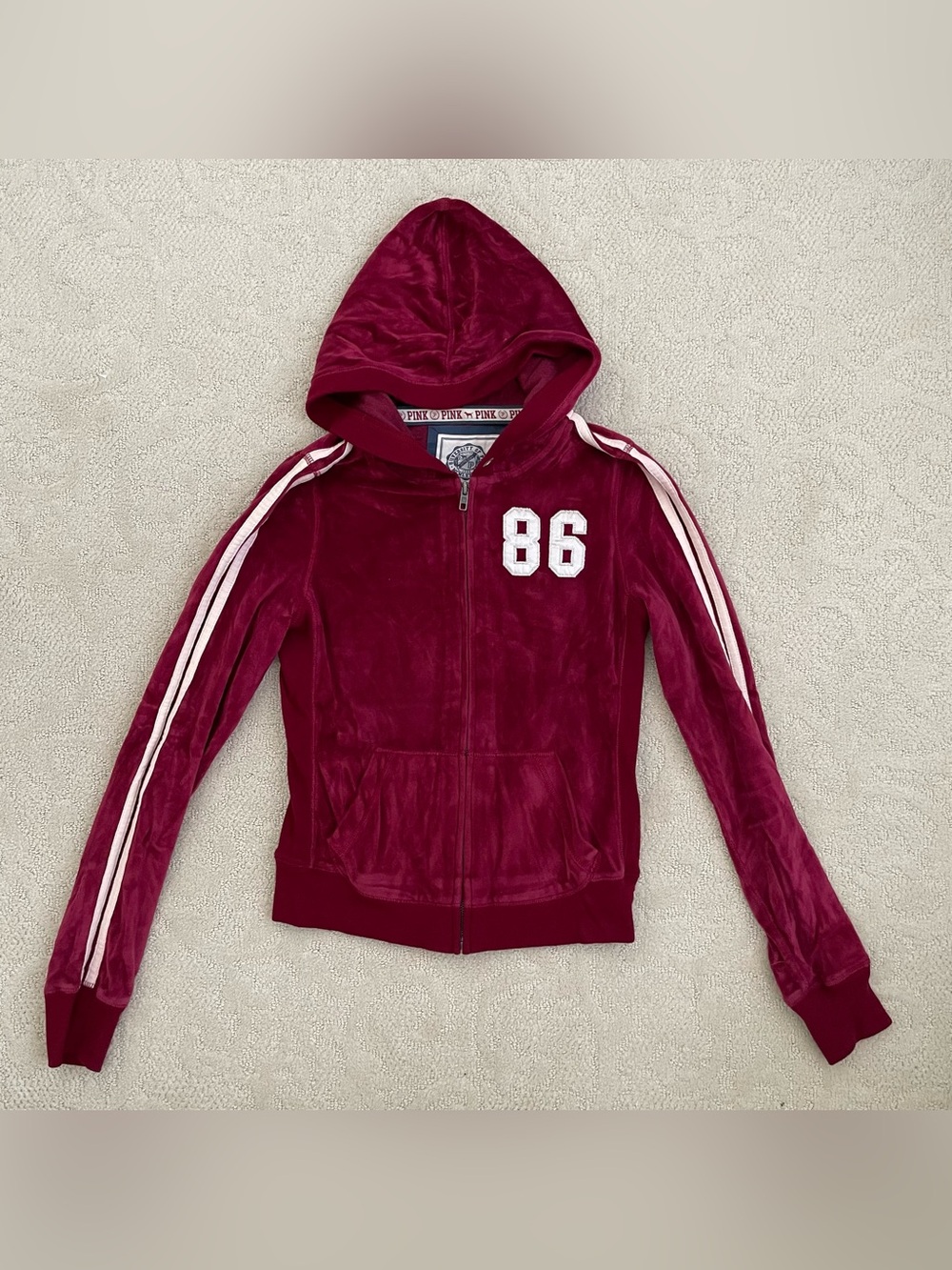 PINK Victoria's Secret Girls' Burgundy Velour Hooded Zip Jacket - 86 Graphic